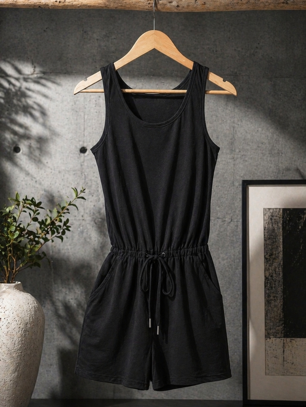 Black Drawstring Romper – Size Small | 2 Pocket Everyday Essential NWT